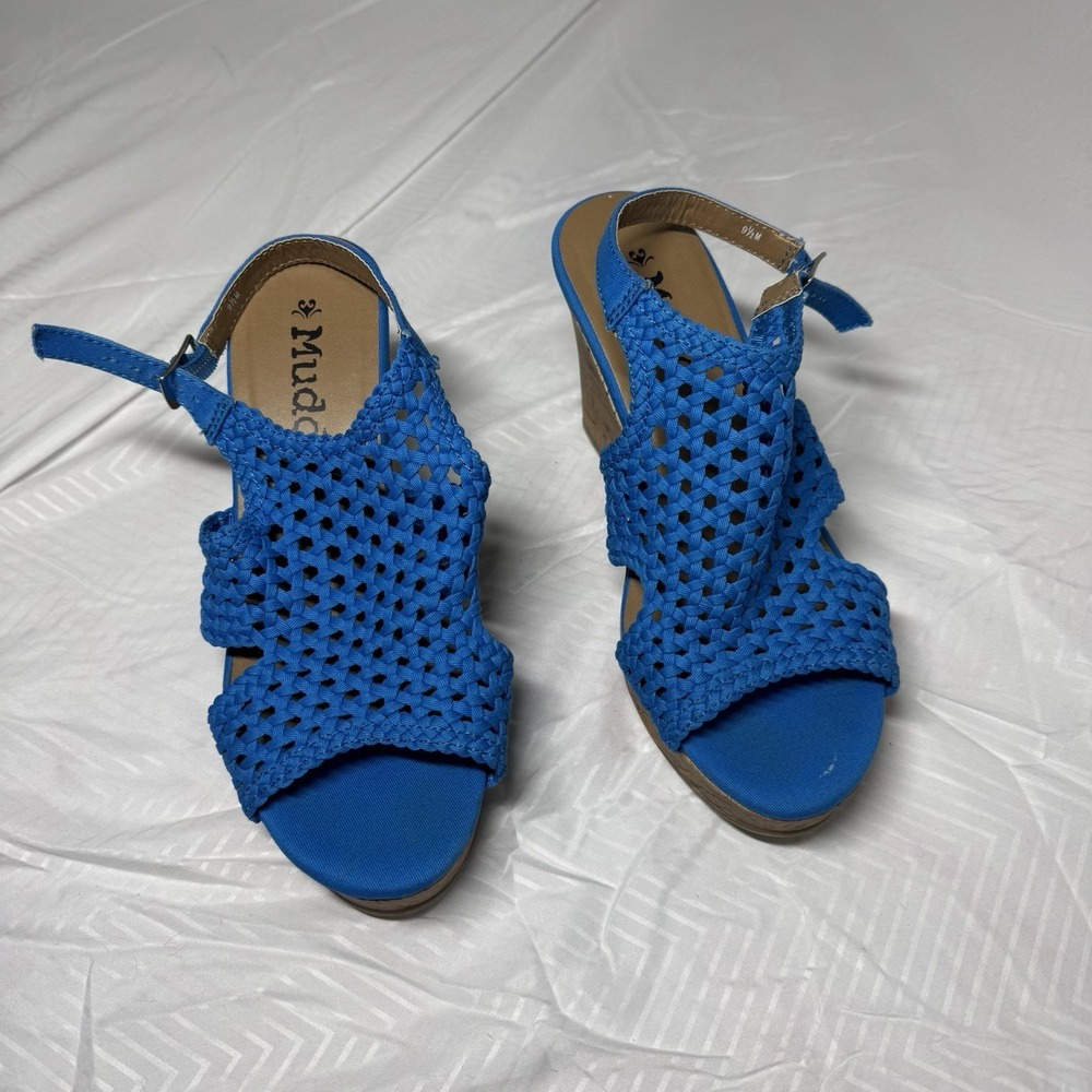 Mudd Peep-Toe Blue Platform Cork Wedge Sandals Womens Boho US Size 7.5 M Used